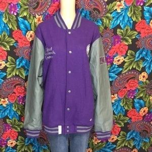 MENS LRG Lifted Research Group Letterman Jacket 2XL Purple Grey Varsity Coat XXL